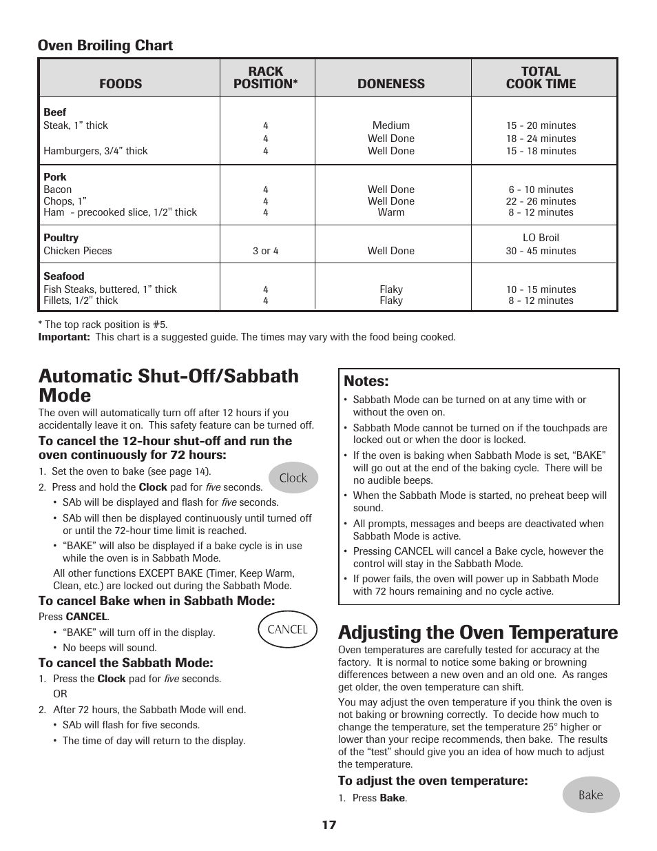 Automatic shut-off/sabbath mode, Adjusting the oven temperature, Oven broiling chart | Maytag 8113P574-60 User Manual | Page 18 / 68