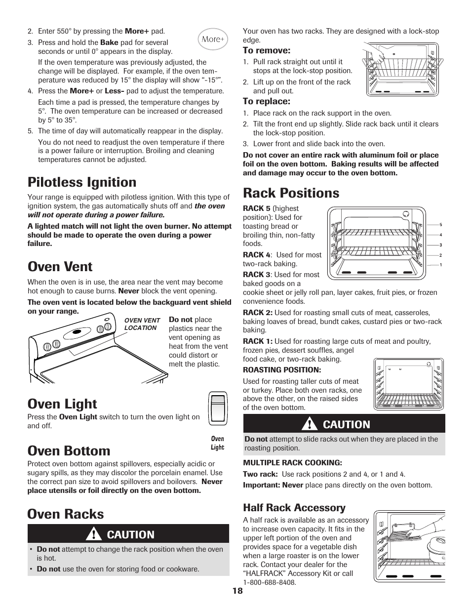 Oven vent, Oven light, Oven bottom | Oven racks, Rack positions, Pilotless ignition, Caution, Half rack accessory | Maytag 8113P574-60 User Manual | Page 19 / 68