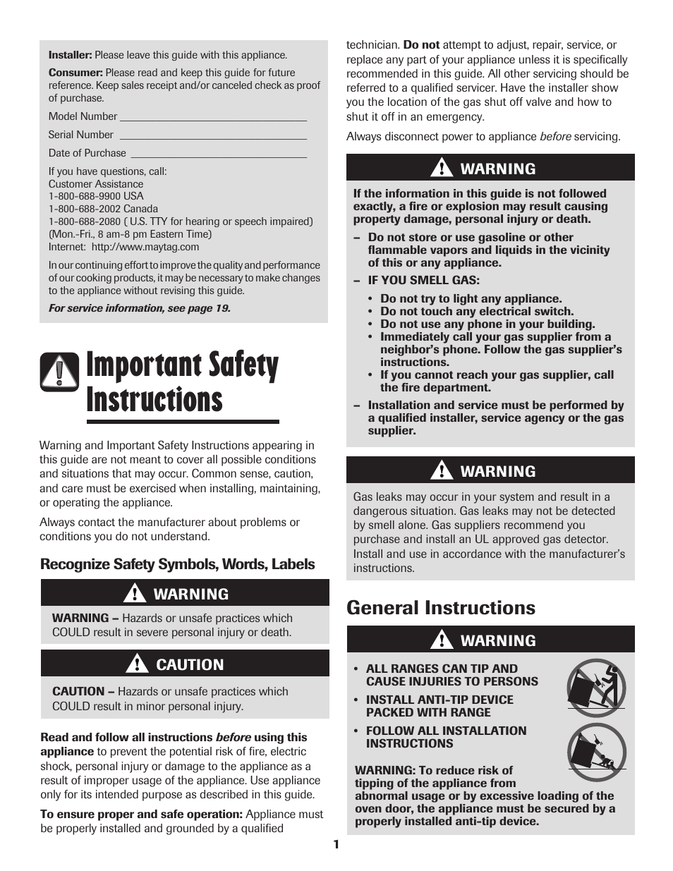 Important safety instructions, General instructions | Maytag 8113P574-60 User Manual | Page 2 / 68
