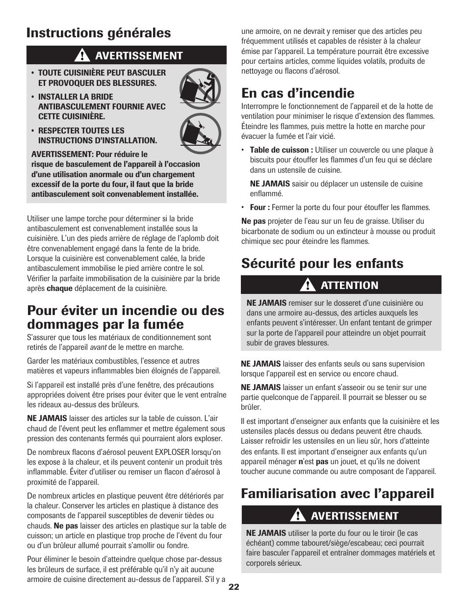 Instructions générales, En cas d’incendie, Sécurité pour les enfants | Familiarisation avec l’appareil | Maytag 8113P574-60 User Manual | Page 23 / 68