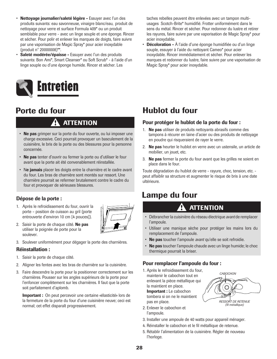 Entretien, Porte du four, Hublot du four | Lampe du four, Attention | Maytag 8113P574-60 User Manual | Page 29 / 68