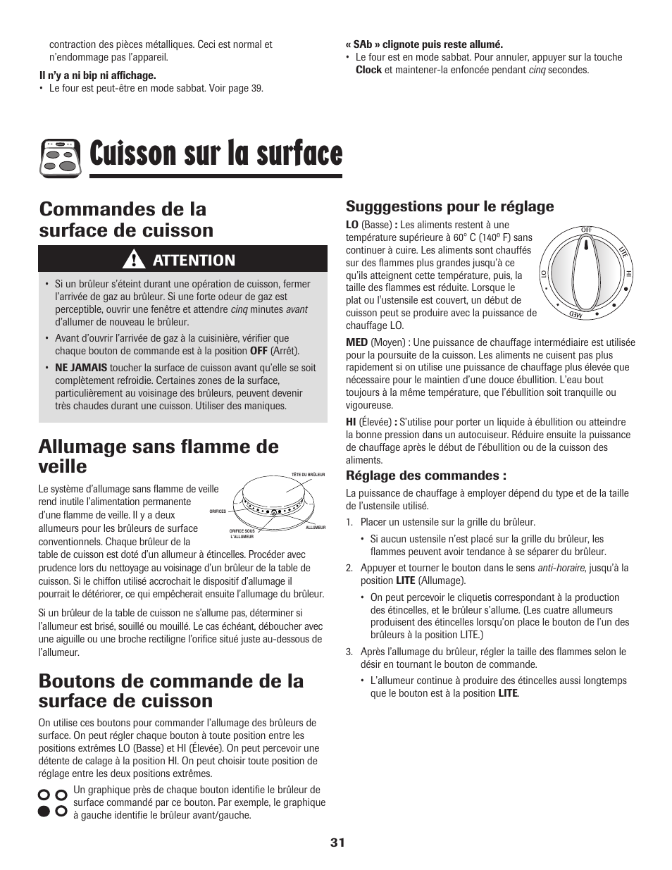 Cuisson sur la surface, Commandes de la surface de cuisson, Boutons de commande de la surface de cuisson | Allumage sans flamme de veille, Sugggestions pour le réglage, Attention | Maytag 8113P574-60 User Manual | Page 32 / 68