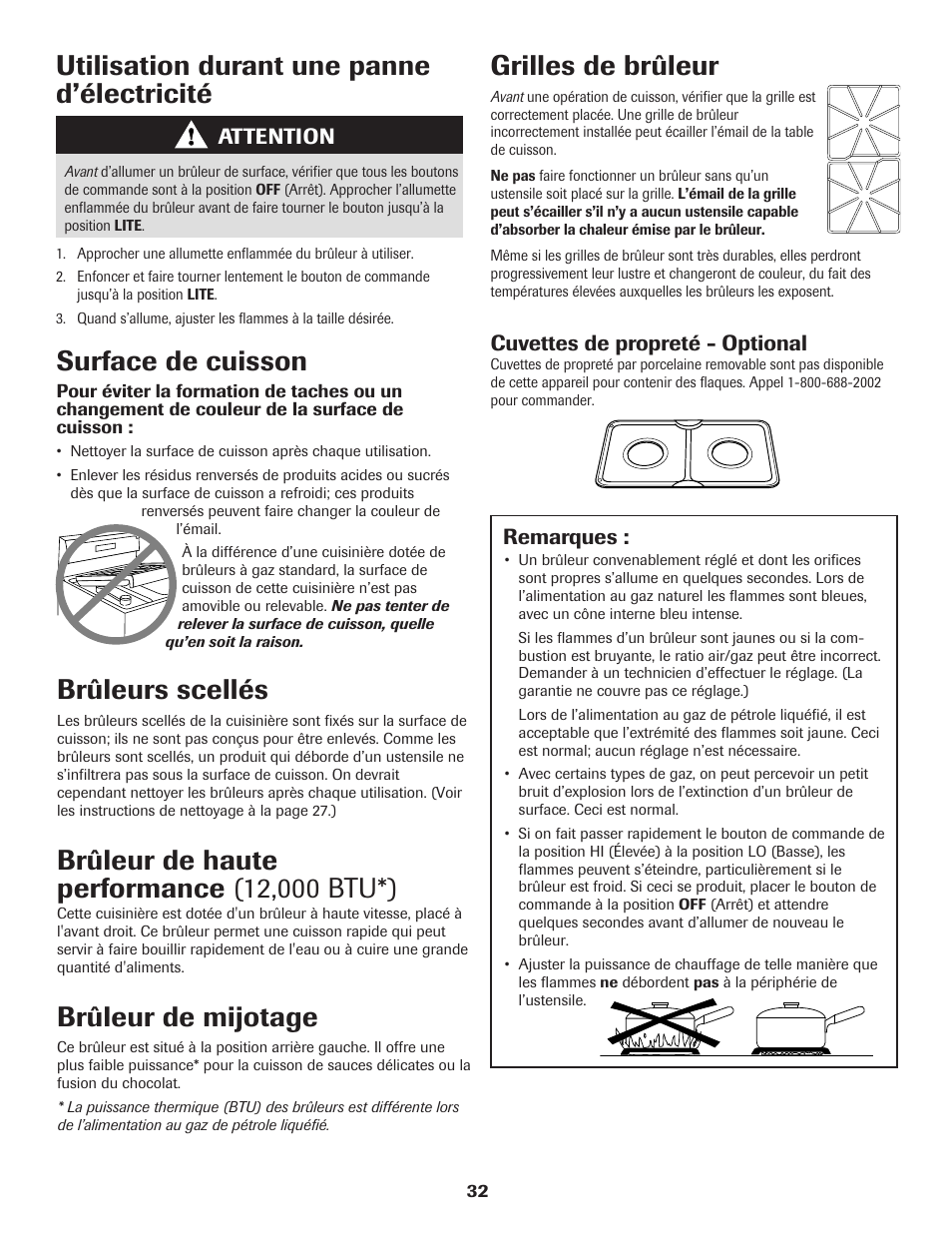 Utilisation durant une panne d’électricité, Surface de cuisson, Grilles de brûleur | Brûleurs scellés, Brûleur de mijotage, Attention remarques, Cuvettes de propreté - optional | Maytag 8113P574-60 User Manual | Page 33 / 68