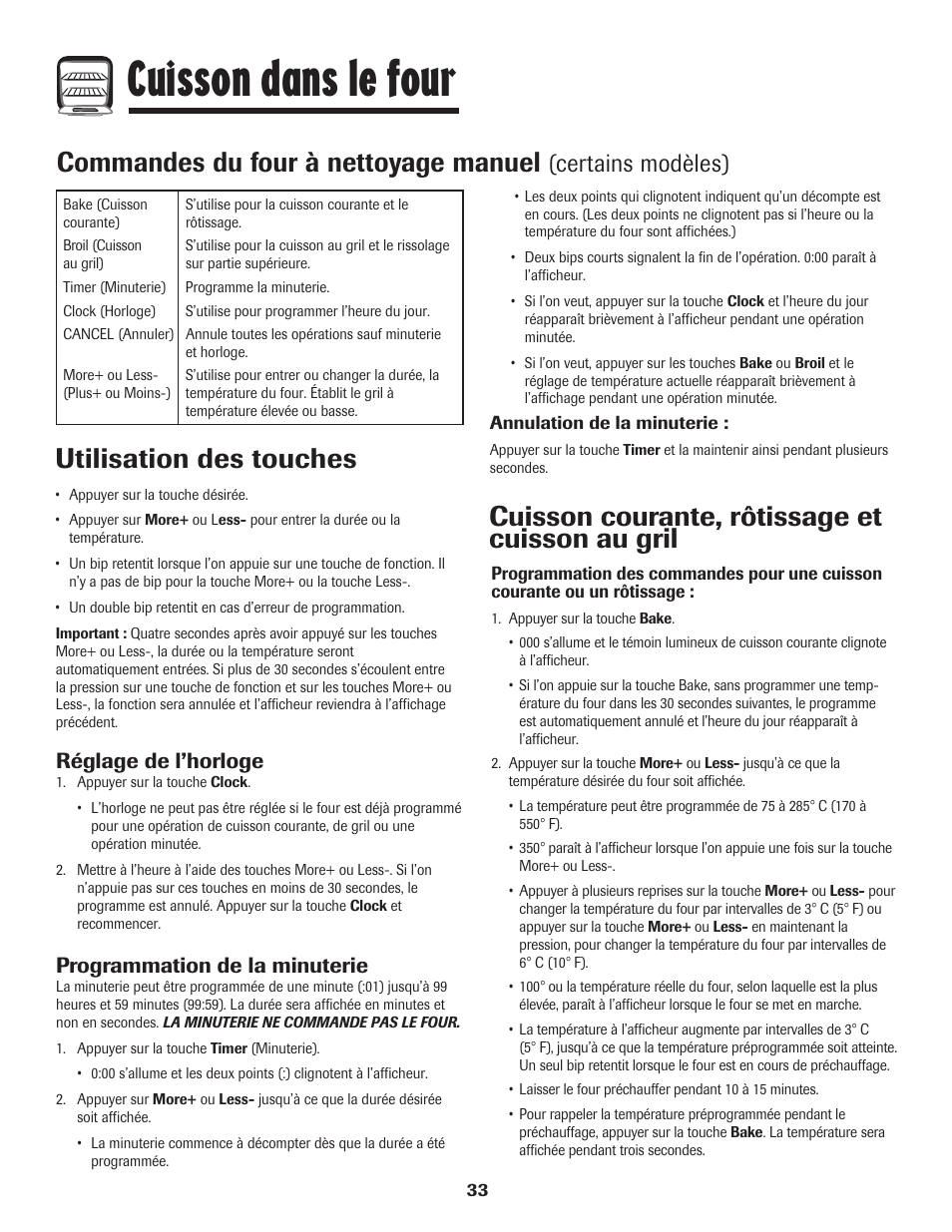 Cuisson dans le four, Commandes du four à nettoyage manuel, Utilisation des touches | Cuisson courante, rôtissage et cuisson au gril, Certains modèles), Réglage de l’horloge, Programmation de la minuterie | Maytag 8113P574-60 User Manual | Page 34 / 68
