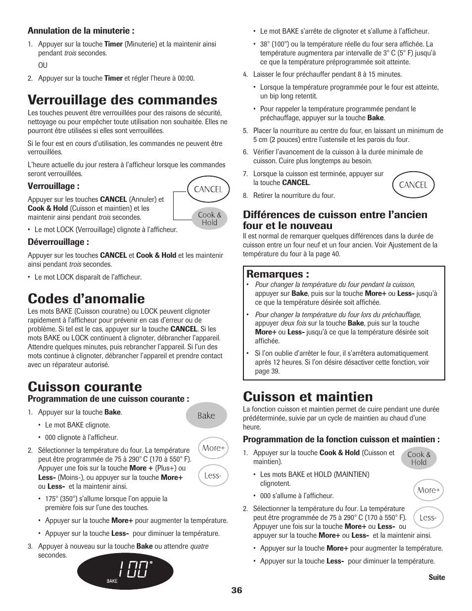 Verrouillage des commandes, Codes d’anomalie, Cuisson courante | Cuisson et maintien, Remarques | Maytag 8113P574-60 User Manual | Page 37 / 68
