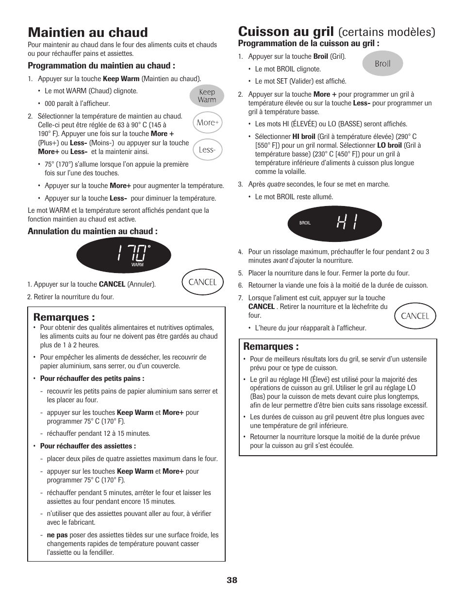 Maintien au chaud, Cuisson au gril, Certains modèles) | Remarques | Maytag 8113P574-60 User Manual | Page 39 / 68