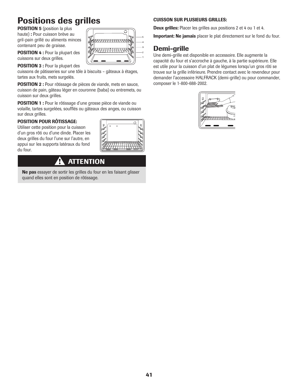 Positions des grilles, Demi-grille, Attention | Maytag 8113P574-60 User Manual | Page 42 / 68