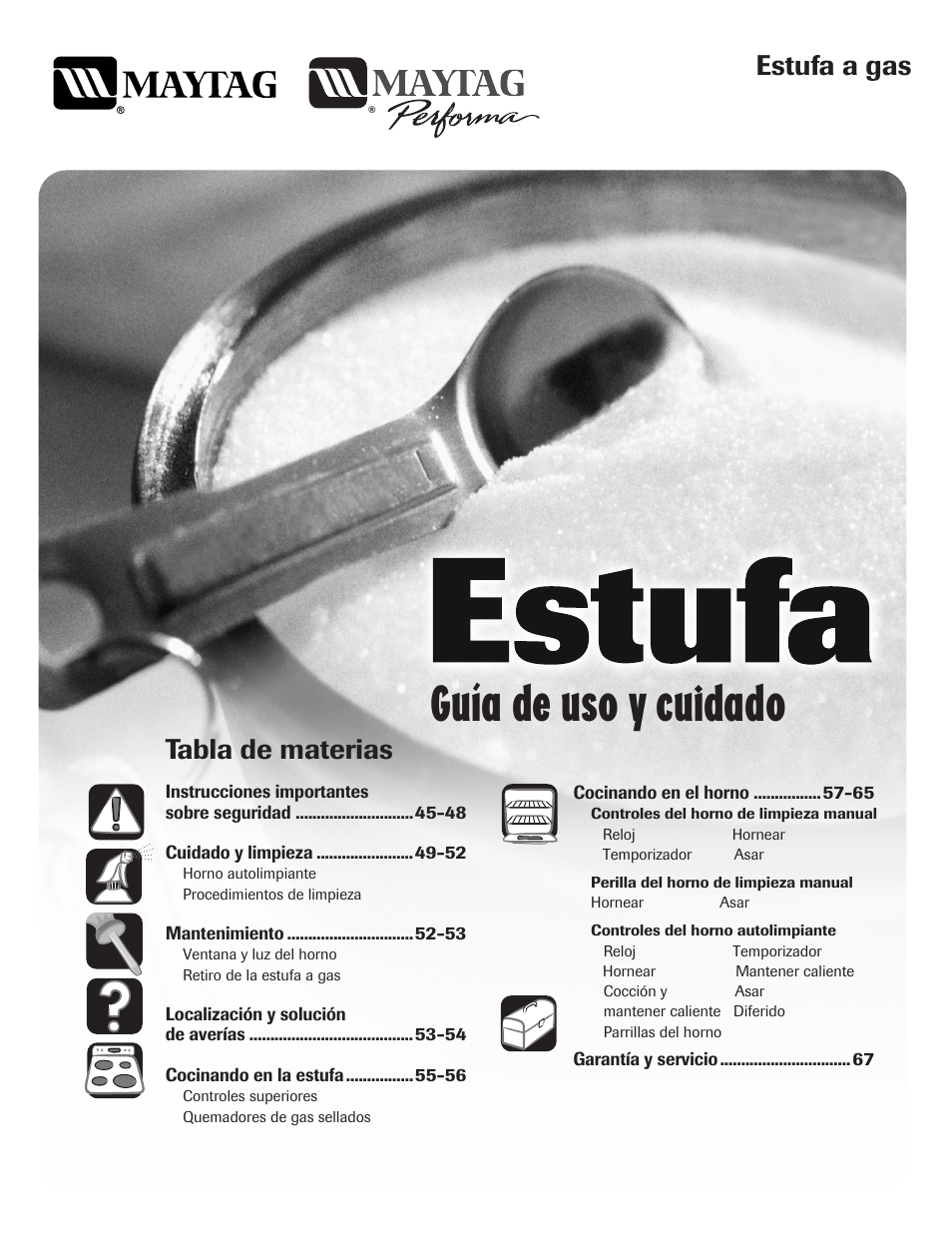 Guía de uso y cuidado, Estufa a gas, Tabla de materias | Maytag 8113P574-60 User Manual | Page 45 / 68
