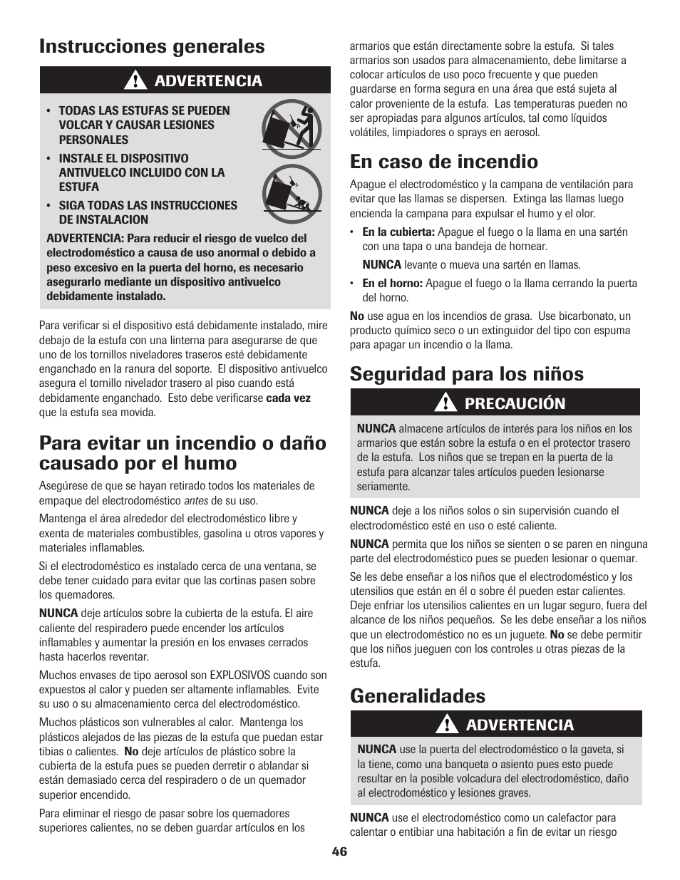 Instrucciones generales, Para evitar un incendio o daño causado por el humo, En caso de incendio | Seguridad para los niños, Generalidades | Maytag 8113P574-60 User Manual | Page 47 / 68