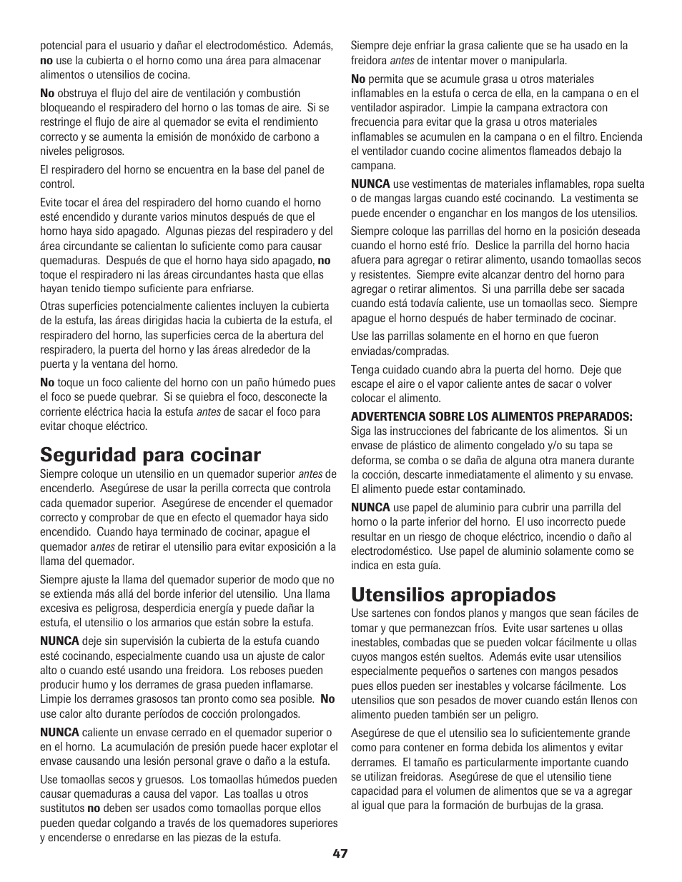 Seguridad para cocinar, Utensilios apropiados | Maytag 8113P574-60 User Manual | Page 48 / 68