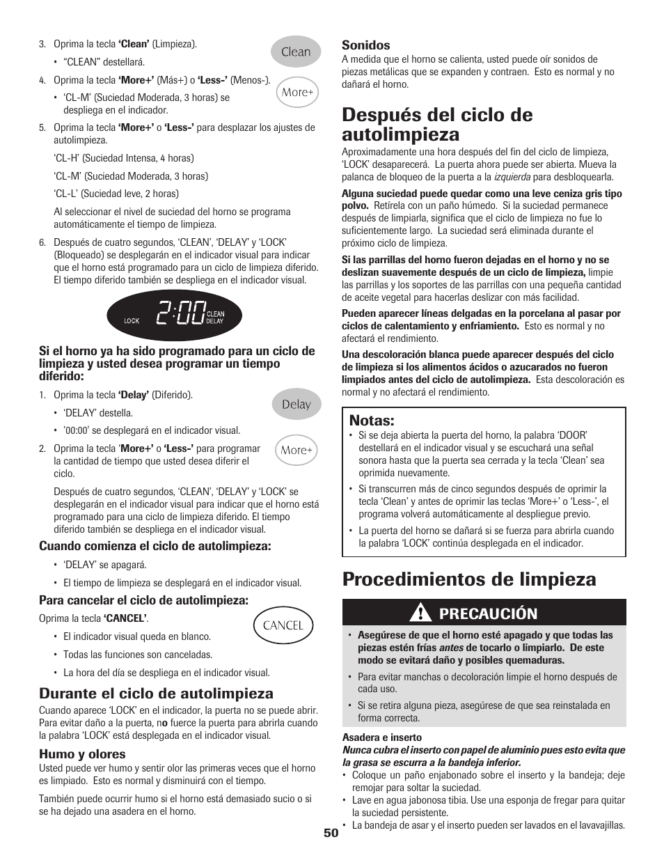 Después del ciclo de autolimpieza, Procedimientos de limpieza, Notas | Durante el ciclo de autolimpieza, Precaución | Maytag 8113P574-60 User Manual | Page 51 / 68