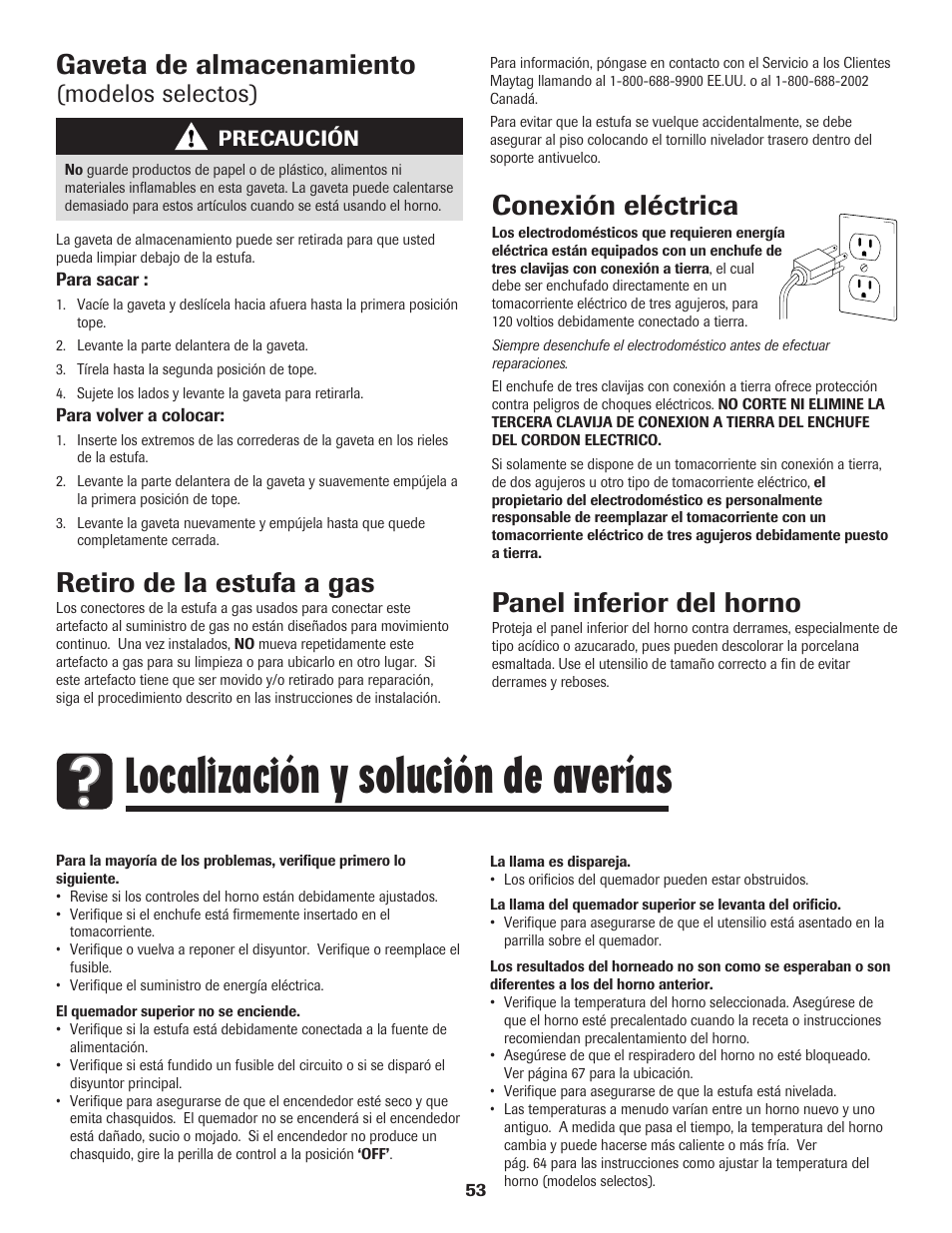 Localización y solución de averías, Gaveta de almacenamiento, Retiro de la estufa a gas | Conexión eléctrica, Panel inferior del horno, Modelos selectos), Precaución | Maytag 8113P574-60 User Manual | Page 54 / 68