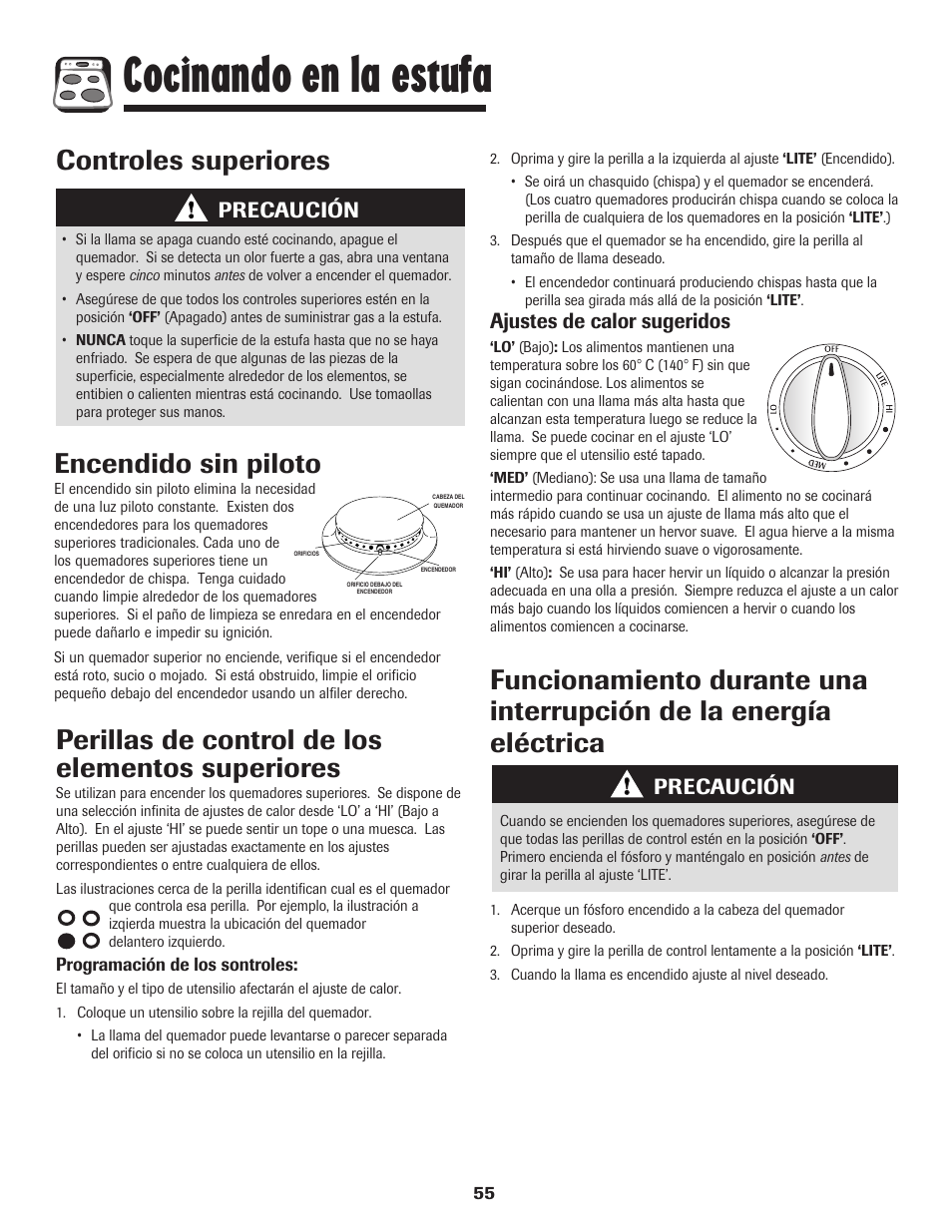 Cocinando en la estufa, Controles superiores, Encendido sin piloto | Ajustes de calor sugeridos, Precaución | Maytag 8113P574-60 User Manual | Page 56 / 68