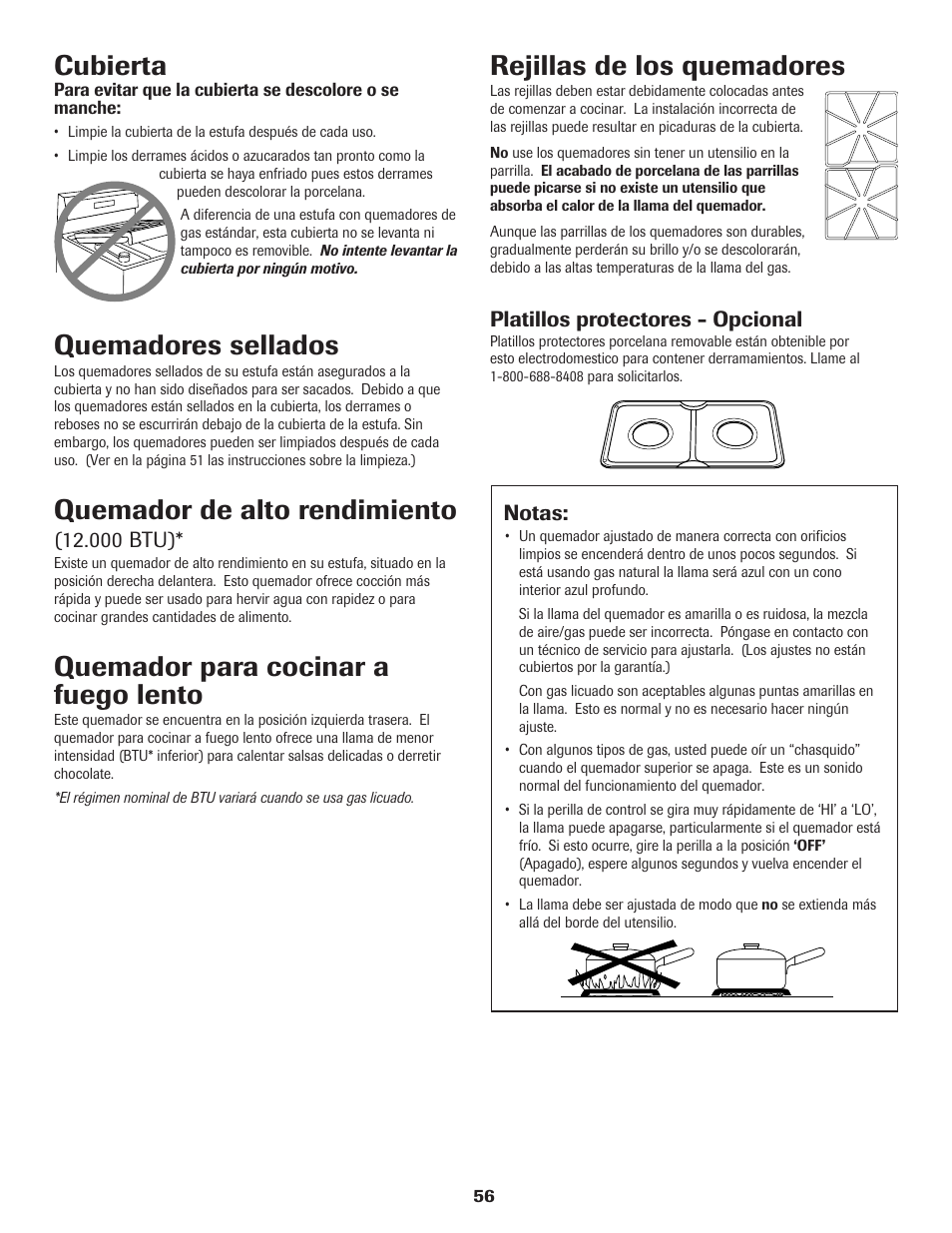 Cubierta, Quemadores sellados, Quemador de alto rendimiento | Quemador para cocinar a fuego lento, Rejillas de los quemadores | Maytag 8113P574-60 User Manual | Page 57 / 68