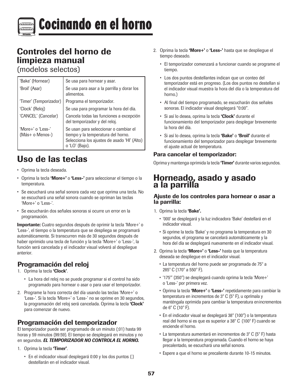 Cocinando en el horno, Controles del horno de limpieza manual, Uso de las teclas | Horneado, asado y asado a la parrilla, Modelos selectos), Programación del reloj, Programación del temporizador | Maytag 8113P574-60 User Manual | Page 58 / 68