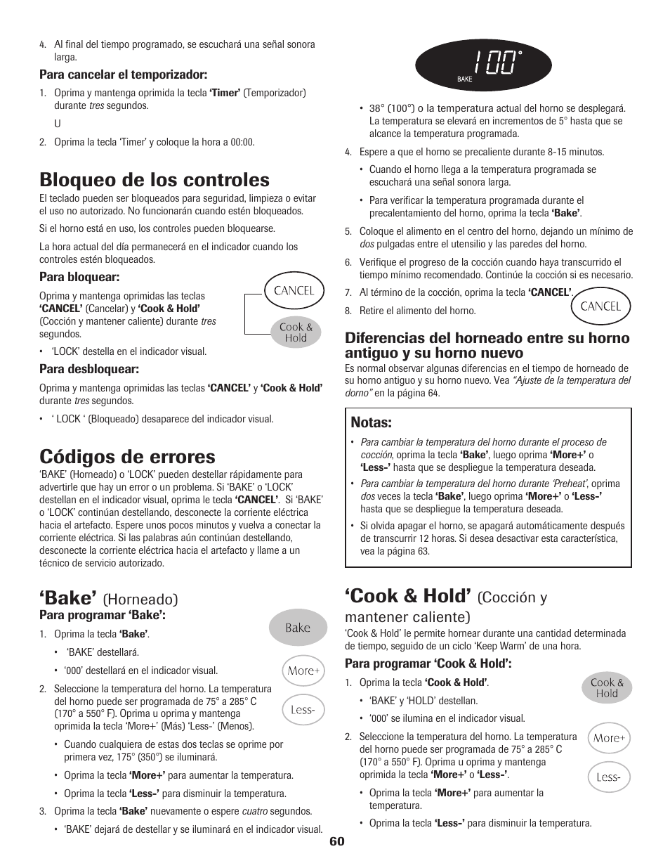 Bloqueo de los controles, Códigos de errores, Bake | Cook & hold, Notas, Horneado), Cocción y mantener caliente) | Maytag 8113P574-60 User Manual | Page 61 / 68
