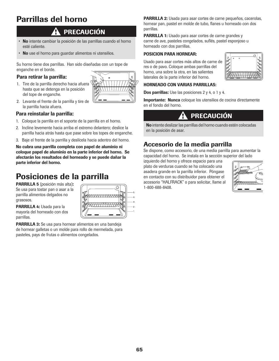 Parrillas del horno, Posiciones de la parrilla, Precaución | Accesorio de la media parrilla | Maytag 8113P574-60 User Manual | Page 66 / 68