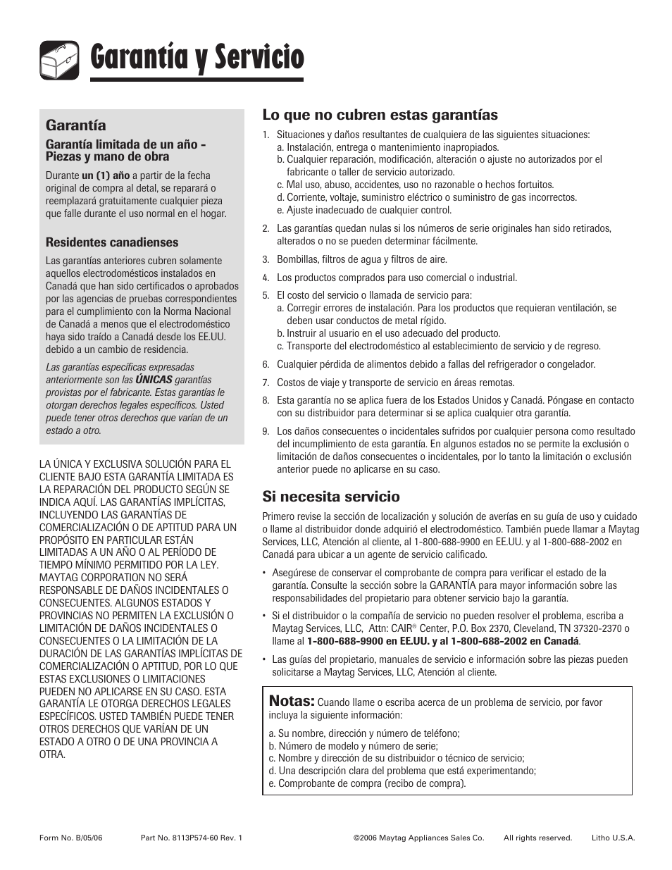 Garantía y servicio, Garantía, Lo que no cubren estas garantías | Si necesita servicio, Notas | Maytag 8113P574-60 User Manual | Page 68 / 68
