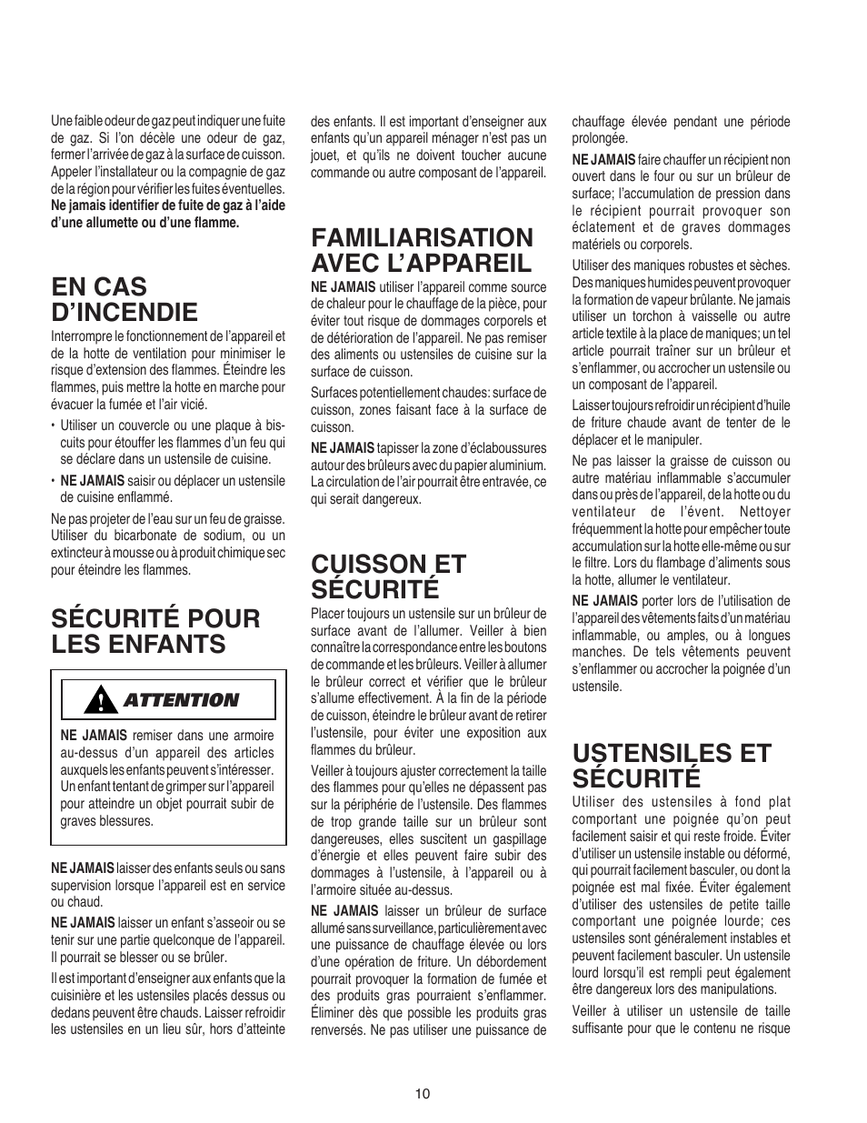 En cas d’incendie, Sécurité pour les enfants, Familiarisation avec l’appareil | Cuisson et sécurité, Ustensiles et sécurité | Maytag AKS3040 User Manual | Page 11 / 28