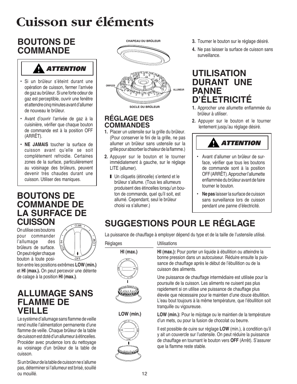 Cuisson sur éléments, Suggestions pour le réglage, Boutons de commande de la surface de cuisson | Utilisation durant une panne d’életricité, Boutons de commande, Allumage sans flamme de veille, Réglage des commandes | Maytag AKS3040 User Manual | Page 13 / 28