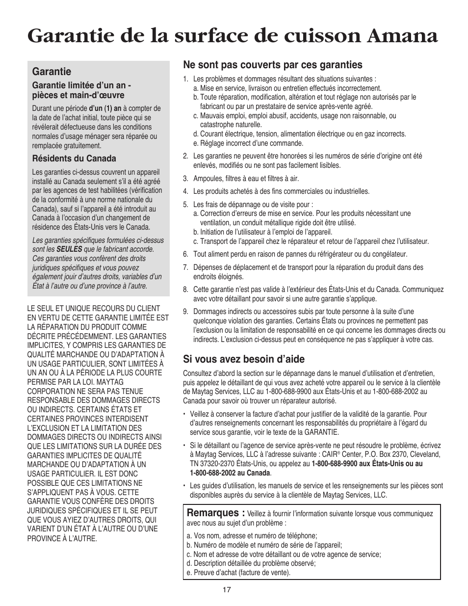 Garantie de la surface de cuisson amana, Garantie, Ne sont pas couverts par ces garanties | Si vous avez besoin d’aide, Remarques | Maytag AKS3040 User Manual | Page 18 / 28