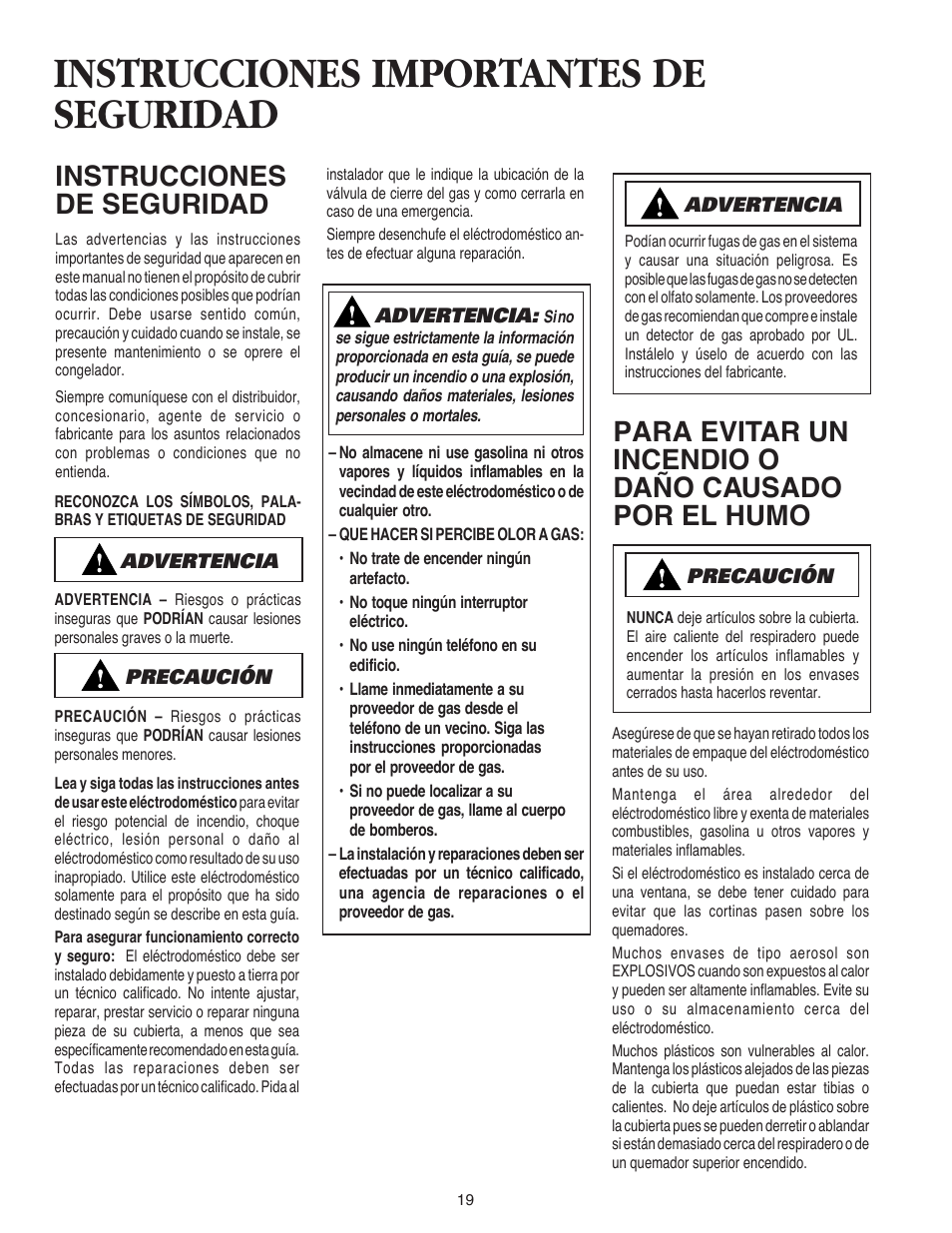 Instrucciones importantes de seguridad, Instrucciones de seguridad, Para evitar un incendio o daño causado por el humo | Maytag AKS3040 User Manual | Page 20 / 28