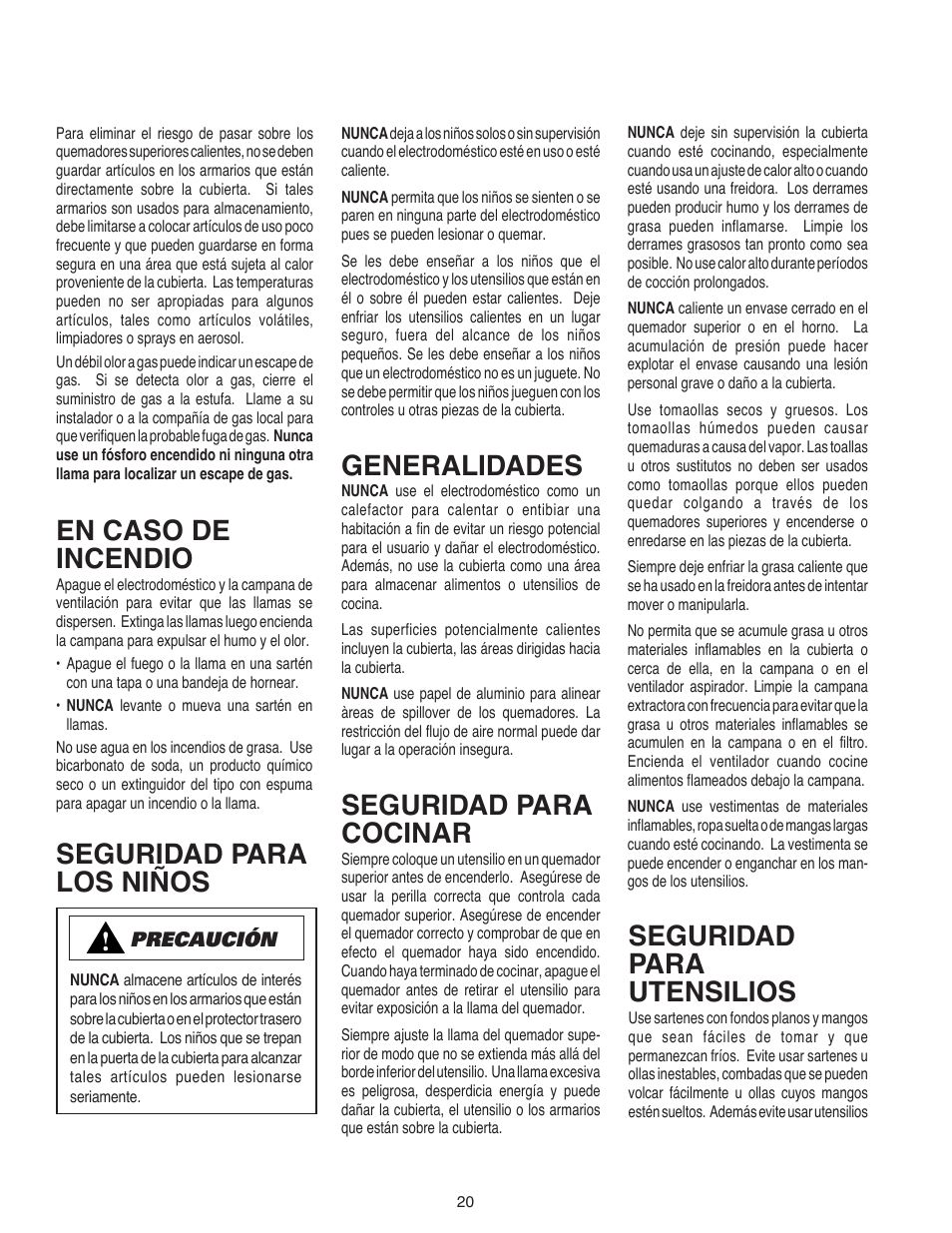 En caso de incendio, Generalidades, Seguridad para cocinar | Seguridad para los niños, Seguridad para utensilios | Maytag AKS3040 User Manual | Page 21 / 28