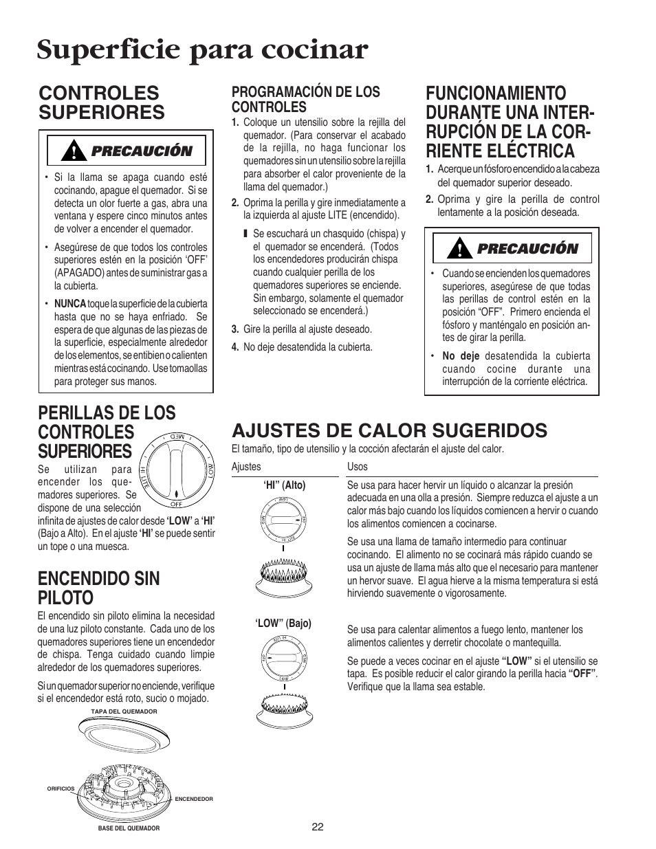 Superficie para cocinar, Ajustes de calor sugeridos, Perillas de los controles superiores | Encendido sin piloto, Controles superiores, Programación de los controles | Maytag AKS3040 User Manual | Page 23 / 28