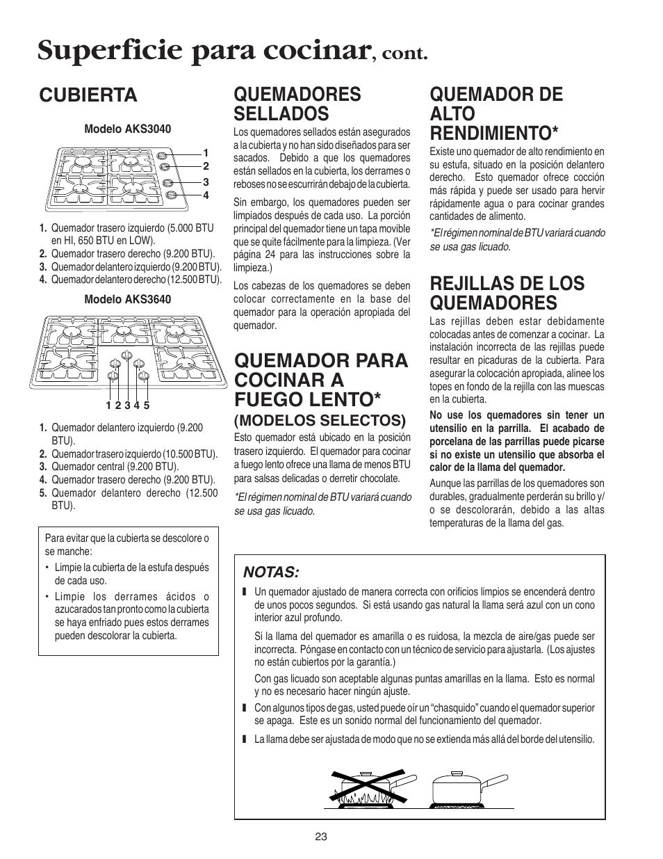 Superficie para cocinar, Quemador de alto rendimiento, Rejillas de los quemadores | Cubierta, Quemadores sellados, Cont, Quemador para cocinar a fuego lento | Maytag AKS3040 User Manual | Page 24 / 28