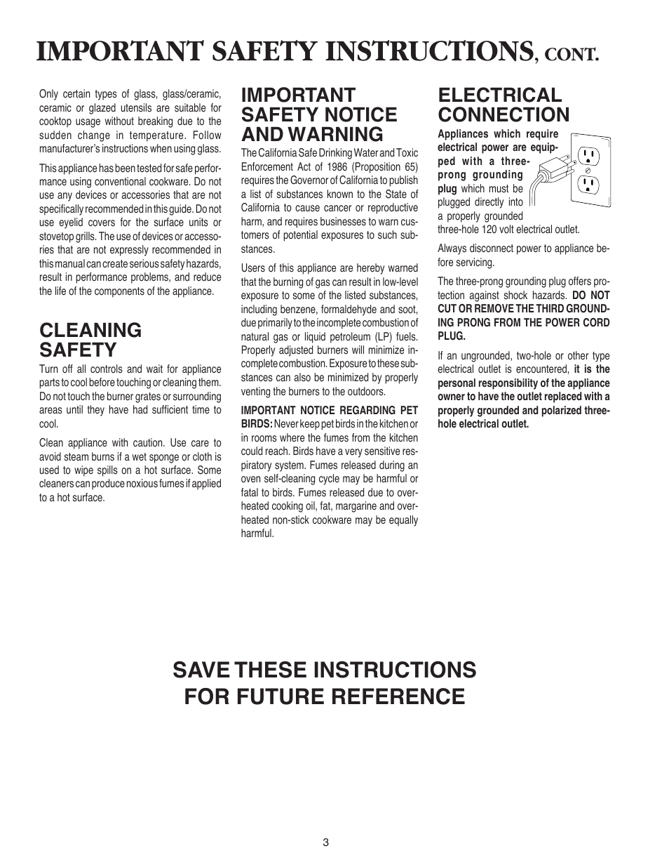 Important safety instructions, Save these instructions for future reference, Cleaning safety | Cont, Electrical connection, Important safety notice and warning | Maytag AKS3040 User Manual | Page 4 / 28