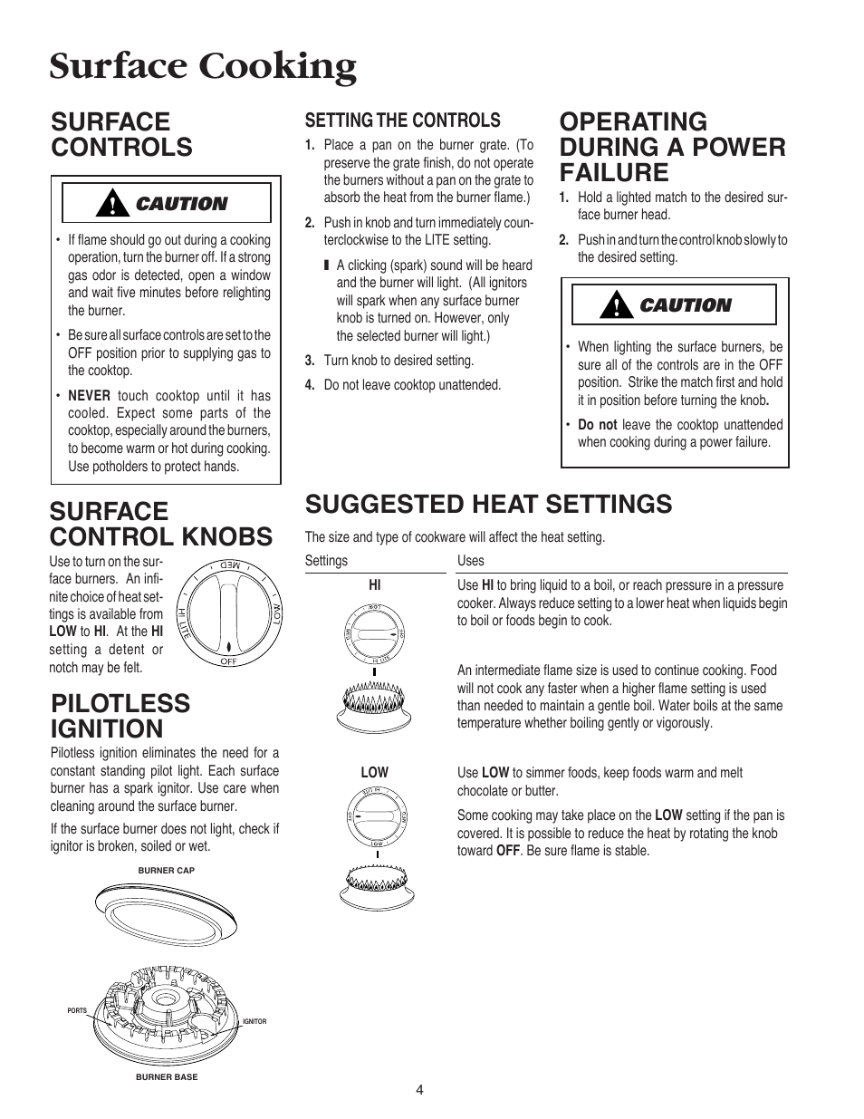 Surface cooking, Suggested heat settings, Surface control knobs | Operating during a power failure, Pilotless ignition, Surface controls, Setting the controls | Maytag AKS3040 User Manual | Page 5 / 28