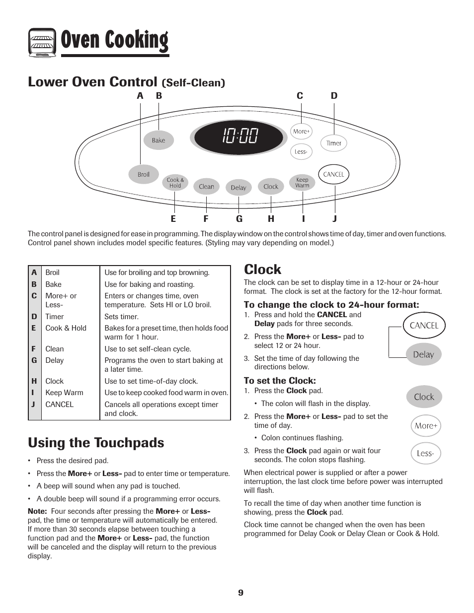 Oven cooking, Lower oven control, Using the touchpads | Clock, Self-clean) | Maytag 500 Series User Manual | Page 10 / 24