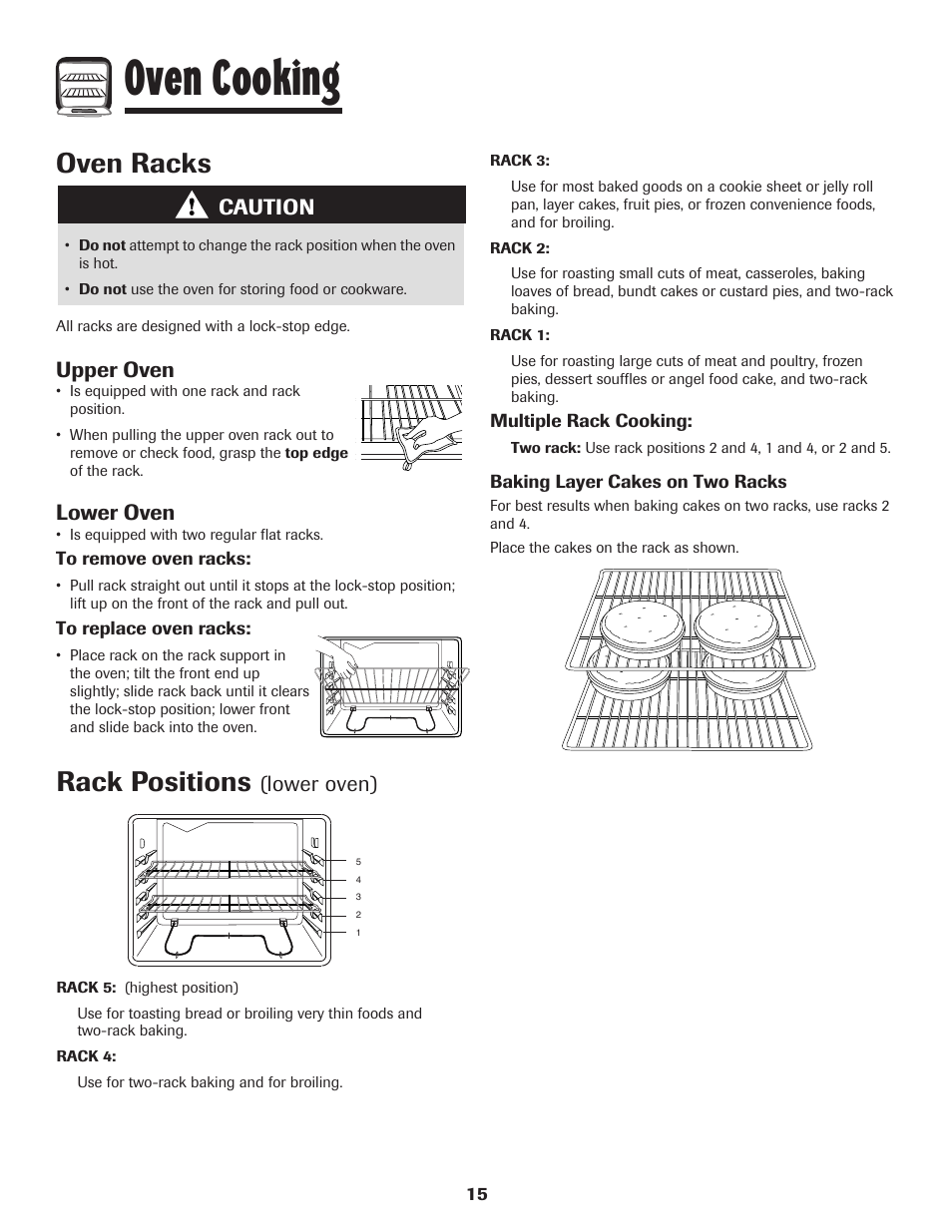 Oven cooking, Oven racks, Rack positions | Lower oven, Caution, Upper oven, Lower oven) | Maytag 500 Series User Manual | Page 16 / 24