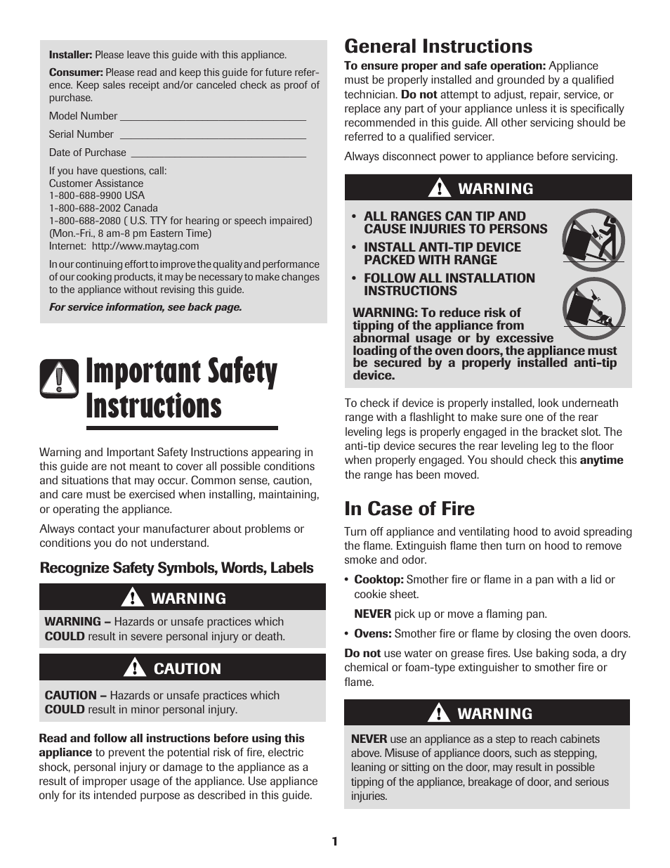 Important safety instructions, General instructions in case of fire | Maytag 500 Series User Manual | Page 2 / 24