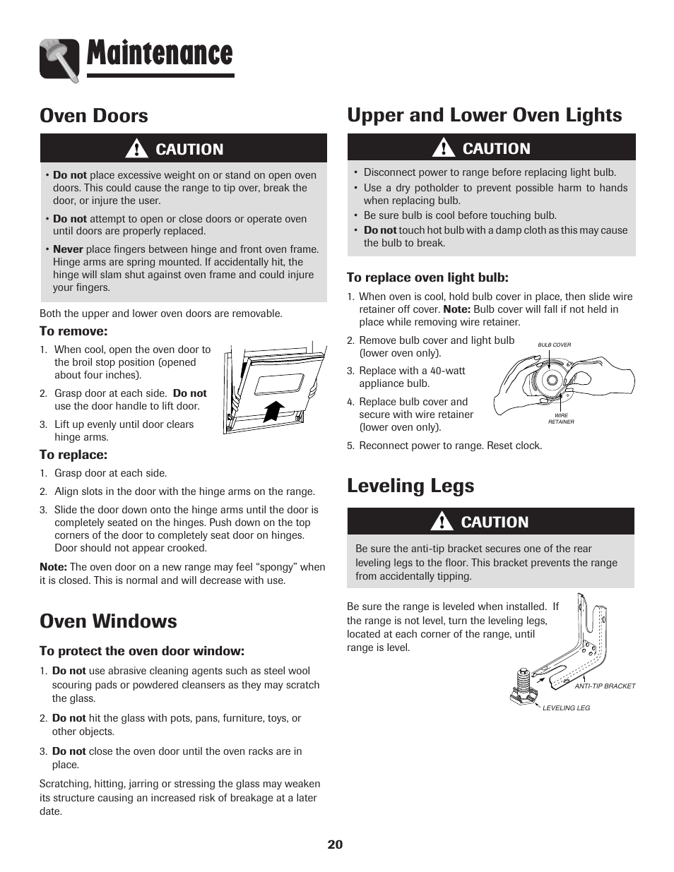 Maintenance, Oven doors oven windows, Upper and lower oven lights | Leveling legs, Caution | Maytag 500 Series User Manual | Page 21 / 24