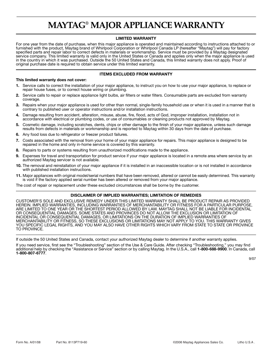 Maytag, Major appliance warranty | Maytag 500 Series User Manual | Page 24 / 24