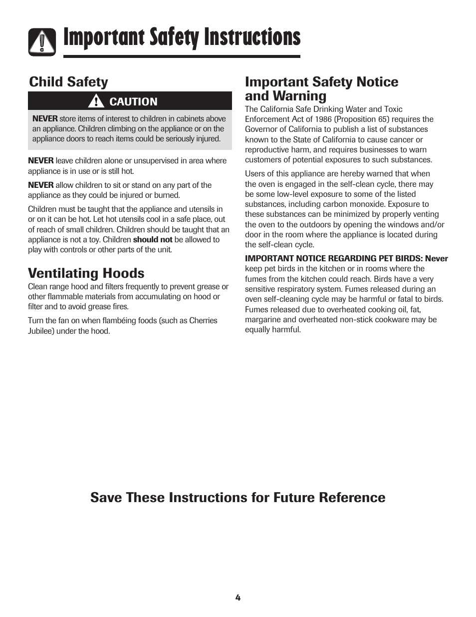 Important safety instructions, Save these instructions for future reference, Child safety important safety notice and warning | Ventilating hoods | Maytag 500 Series User Manual | Page 5 / 24