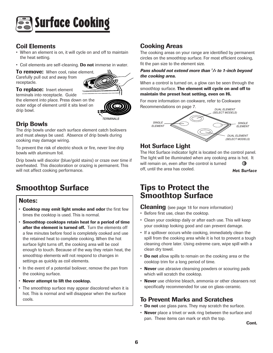 Surface cooking, Smoothtop surface, Tips to protect the smoothtop surface | Coil elements, Drip bowls, Cooking areas, Hot surface light, Cleaning | Maytag 500 Series User Manual | Page 7 / 24