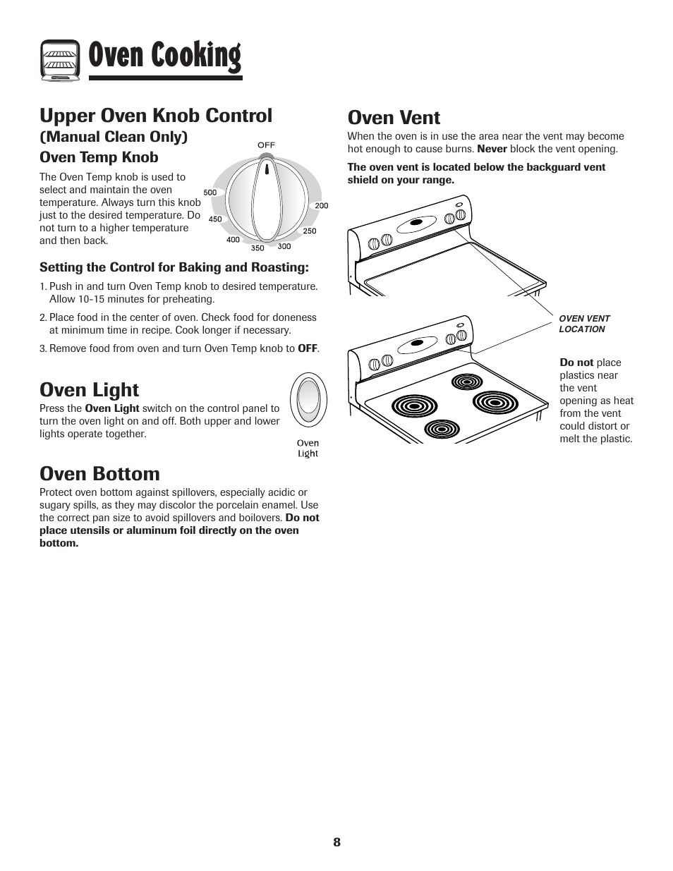 Oven cooking, Oven light, Oven bottom | Oven vent, Upper oven knob control | Maytag 500 Series User Manual | Page 9 / 24