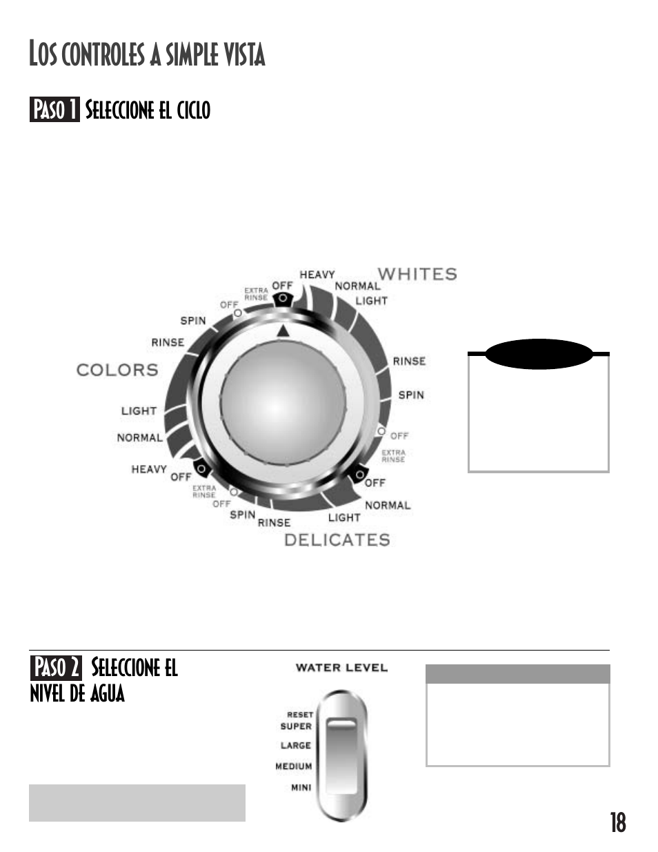 Os controles a simple vista, Paso 1 seleccione el ciclo, Paso 2 seleccione el nivel de agua | Maytag MAV-12 User Manual | Page 19 / 24