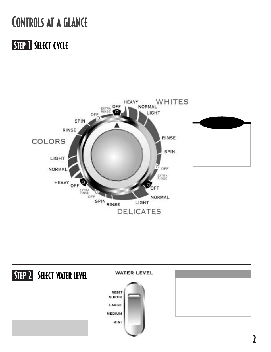 Ontrols at a glance, Step 1 select cycle, Step 2 select water level | Maytag MAV-12 User Manual | Page 3 / 24