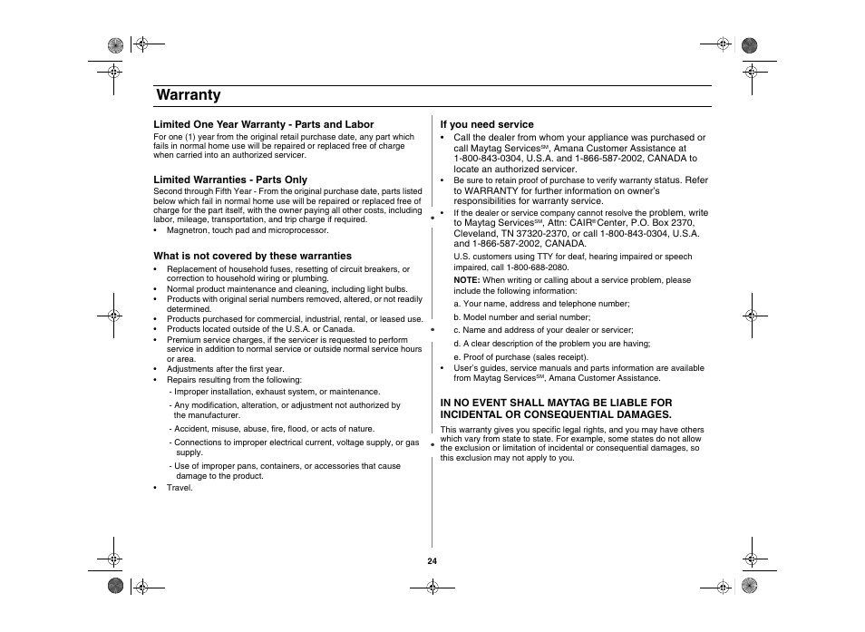 Warranty | Maytag AMC5101AAS User Manual | Page 24 / 25