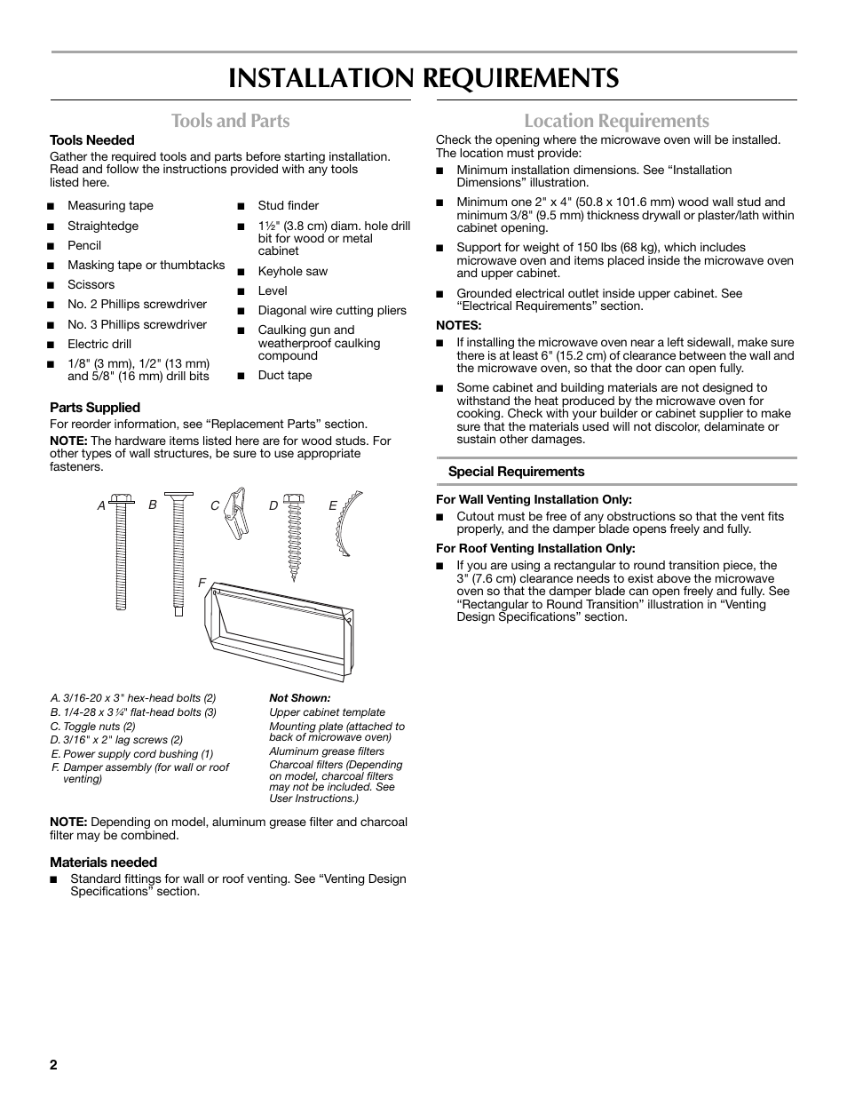 Installation requirements, Tools and parts, Location requirements | Maytag W10188947A User Manual | Page 2 / 12