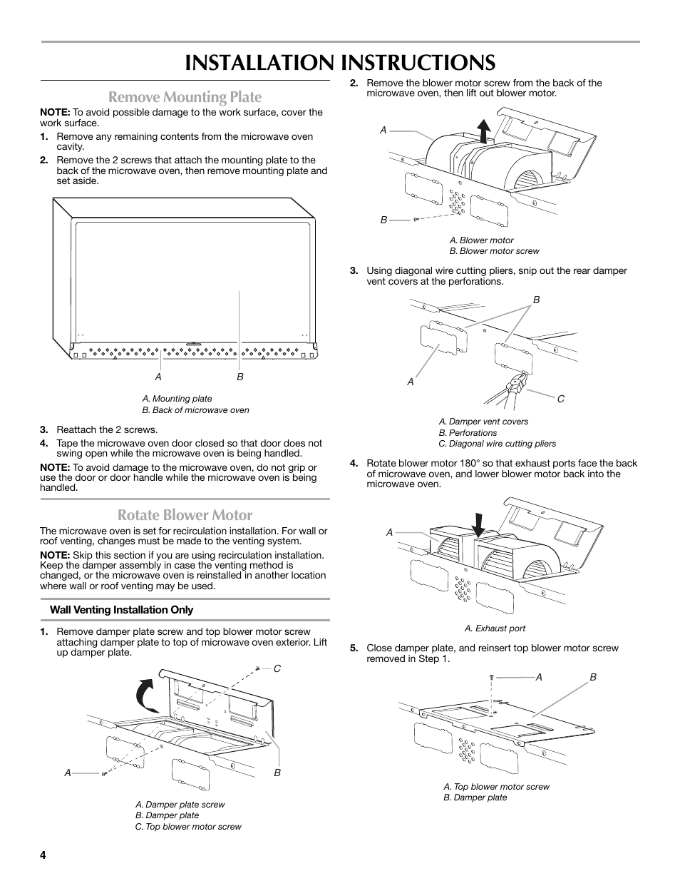 Installation instructions, Remove mounting plate, Rotate blower motor | Maytag W10188947A User Manual | Page 4 / 12
