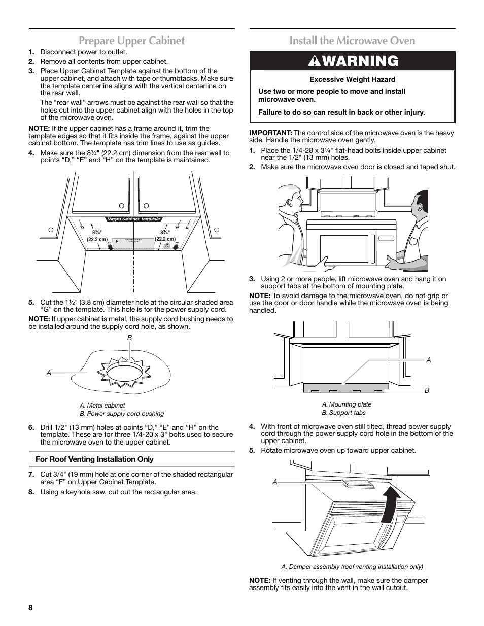 Warning, Prepare upper cabinet, Install the microwave oven | Maytag W10188947A User Manual | Page 8 / 12