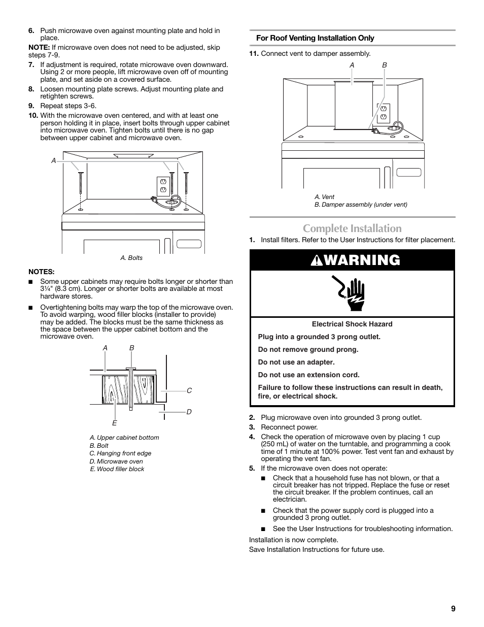 Warning, Complete installation | Maytag W10188947A User Manual | Page 9 / 12
