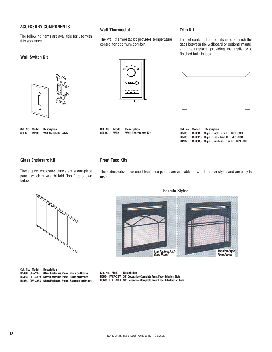 Accessory components, Wall thermostat, Wall switch kit trim kit glass enclosure kit | Front face kits, Facade styles | Maytag MERIT PLUS SERIES MPE-33R User Manual | Page 18 / 20