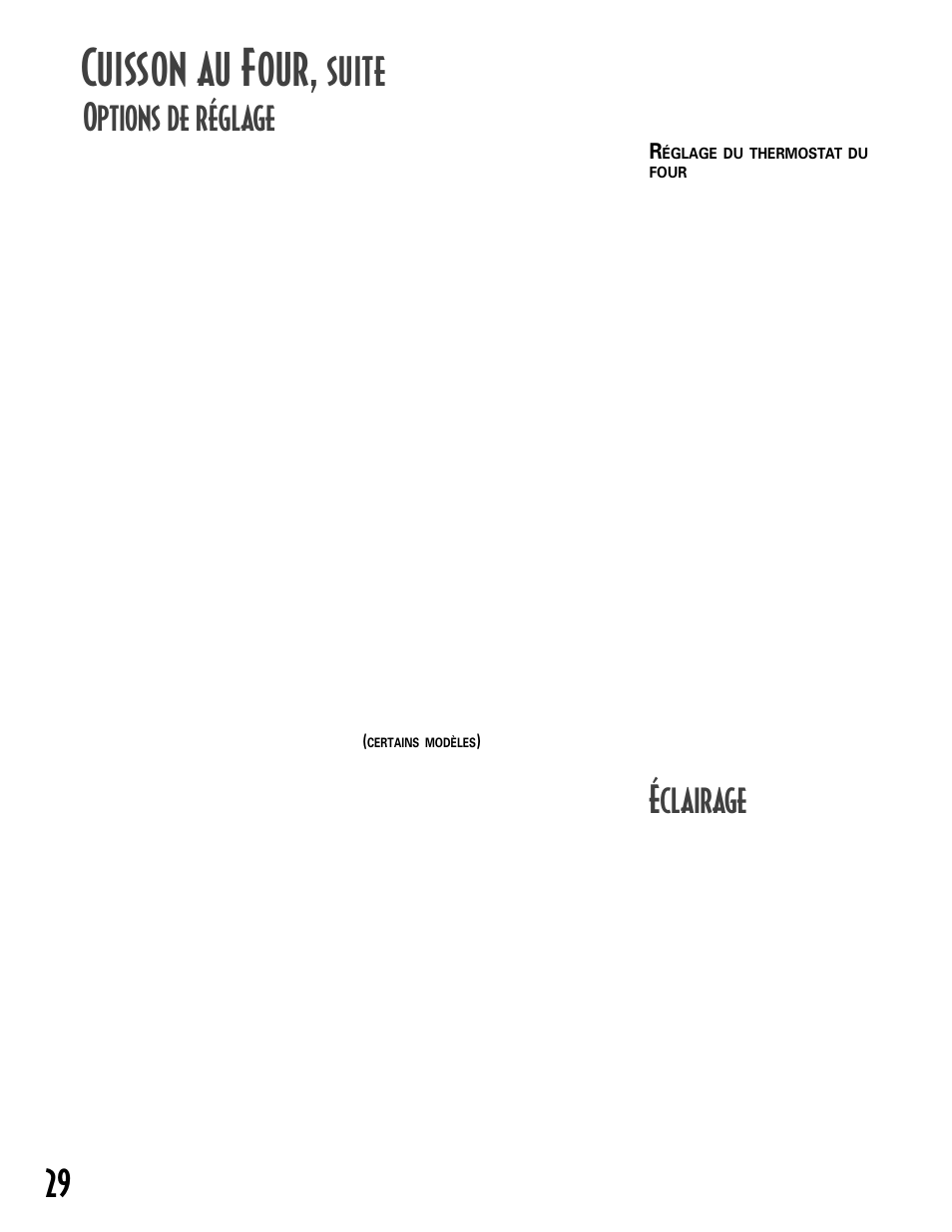 Cuisson au four, Suite, Éclairage | Options de réglage | Maytag GEMINITM User Manual | Page 30 / 56