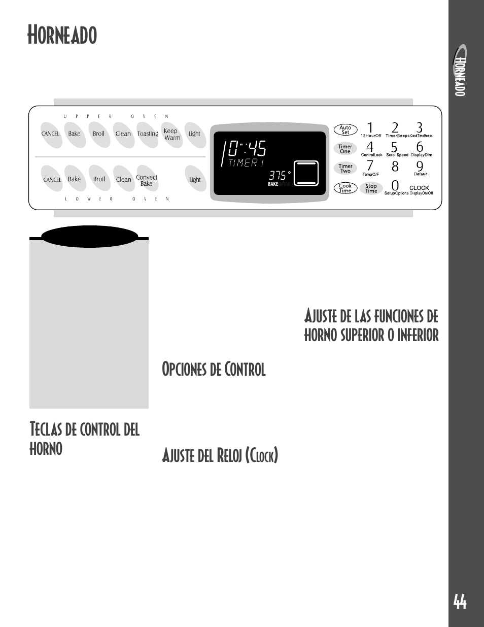 Horneado, Teclas de control del horno, Opciones de control | Ajuste del reloj (c, Hornead o, Lock, Precaución | Maytag GEMINITM User Manual | Page 45 / 56