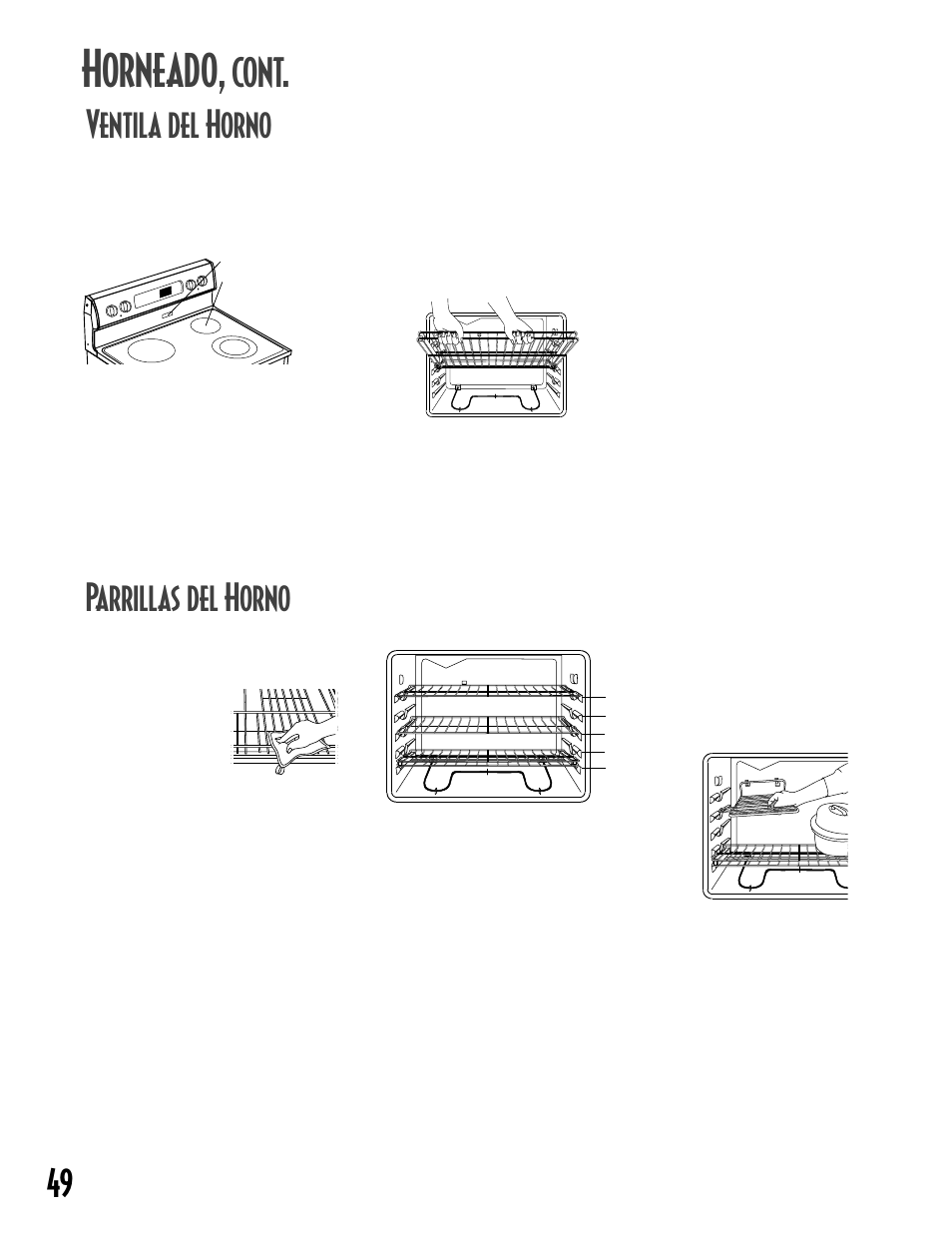 Horneado, Cont, Ventila del horno | Parrillas del horno, Posiciones de las parrillas, Accesorio de media parrilla | Maytag GEMINITM User Manual | Page 50 / 56